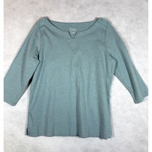 L.L.Bean Womens Large Teal 3/4 Sleeve V-Neck Knit Top Shoulder Buttons Cotton L